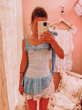 LoveShackFancy Blue Floral Smocked Mini Dress